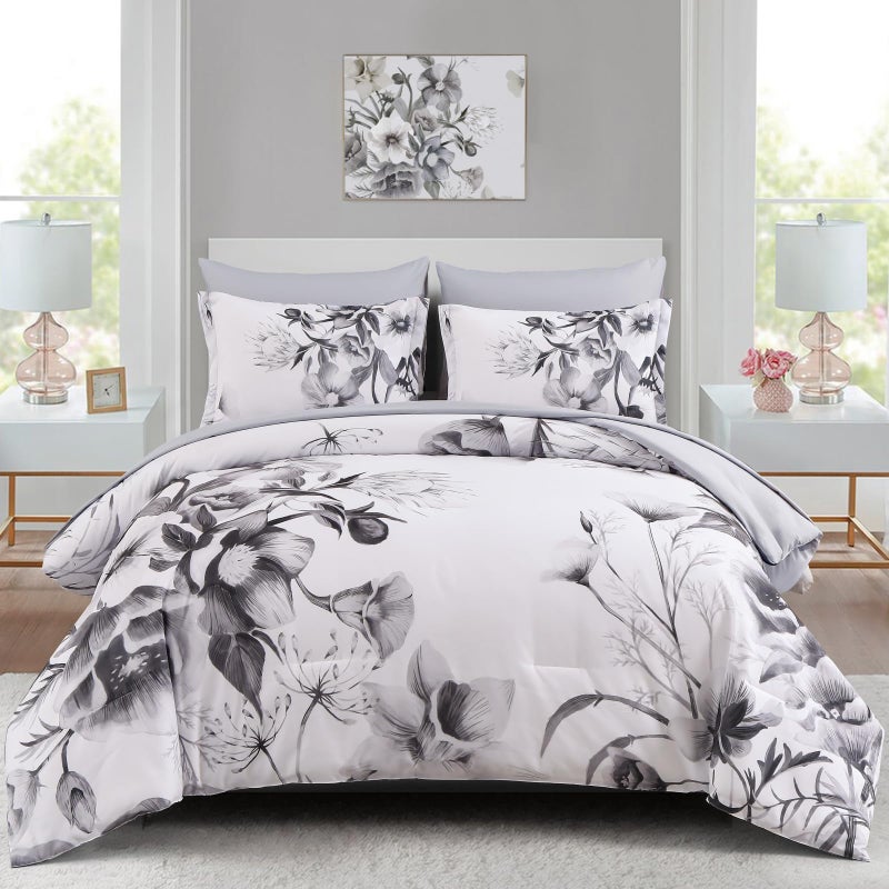 Luxudecor Floral Comforter Set Queen Size 7 Piece  Black Flower Bed in a Bag  Elegant Ink Comforter Bedding Set for All Season (Ink  90""x90"") - Image 1